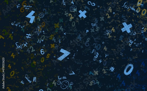 Numbers hand drawing with math symbols on colorful background.
