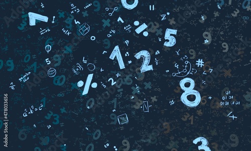 Numbers hand drawing with math symbols on colorful background.