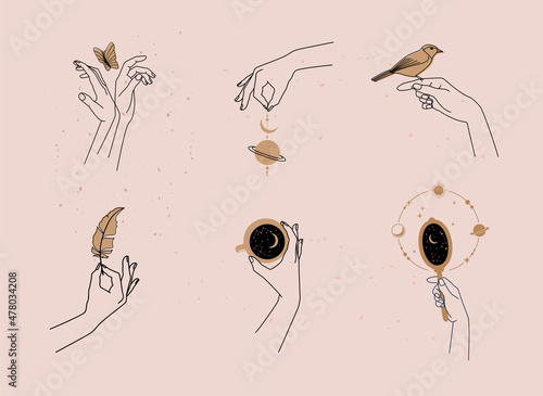 Hand drawn vector mystical and astrology signs. Liner templates logos or emblems hands in different gestures