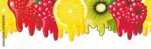 Seamless border with juicy melting fruits and berries