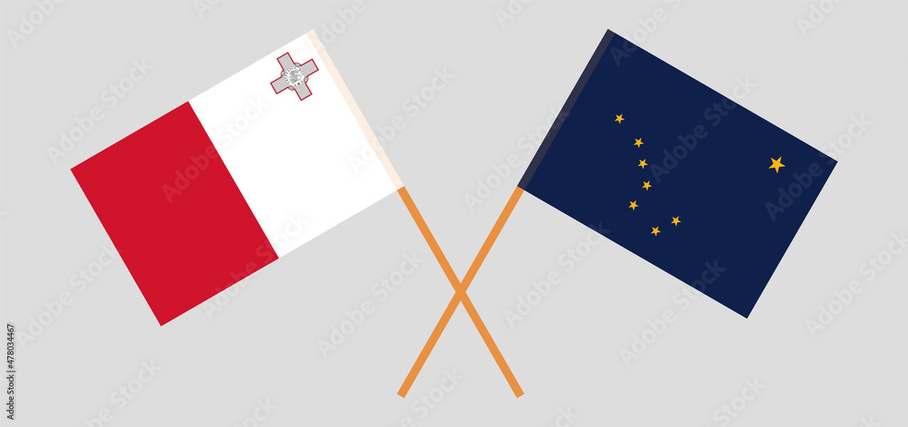 Crossed flags of Malta and the State of Alaska. Official colors. Correct proportion Crossed flags of Malta and the State of Alaska. Official colors. Correct proportion