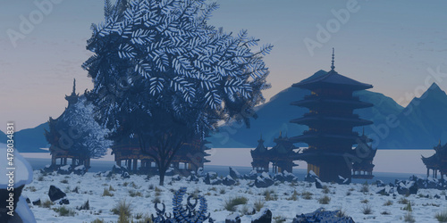 Japanese vintage concept art. Old traditional architecture. Asian winter. Colorful artistic scenery. © Jakub