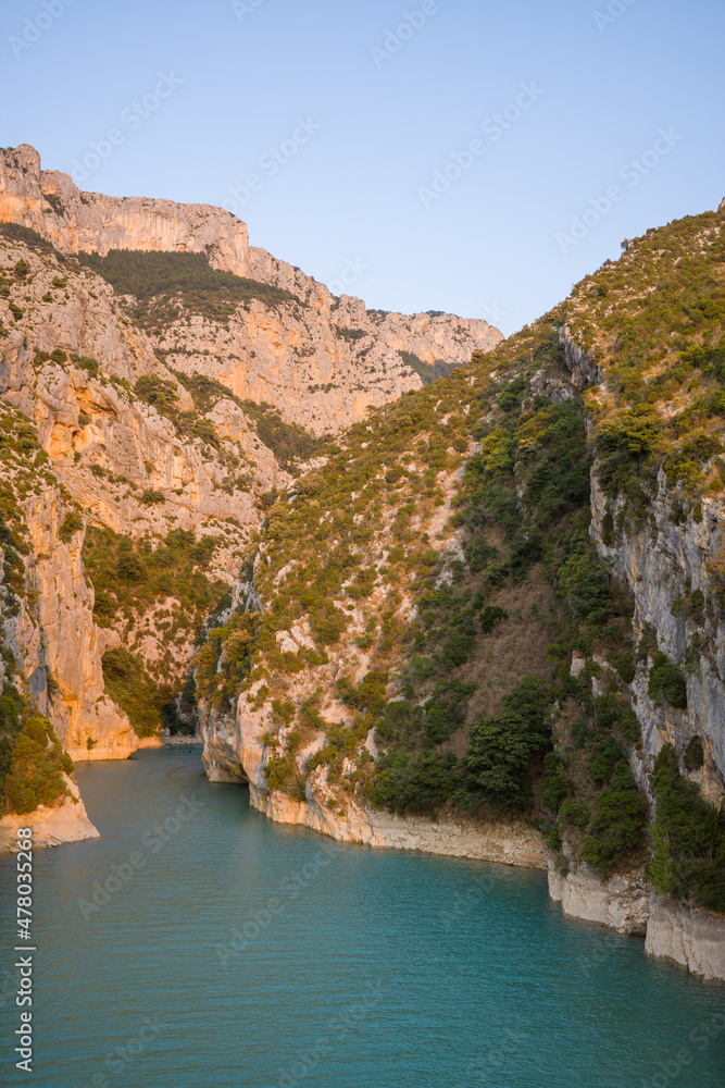 The Gorges du Verdon in the green countryside at sunset in Europe, in France, Provence Alpes Cote dAzur, in the Var, in summer.