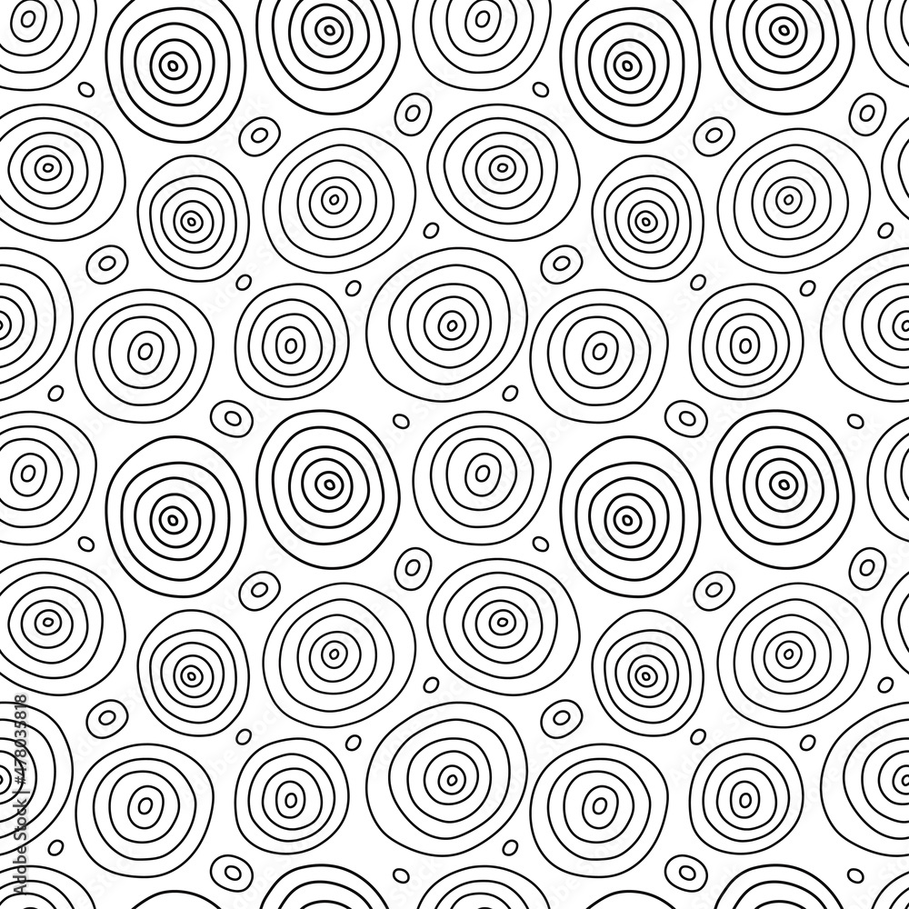 Black and white hand drawn seamless pattern with round ornament.