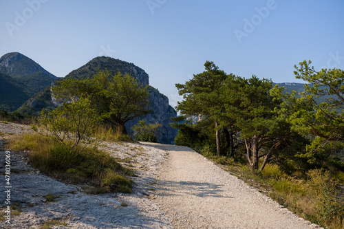 A path that leads to the panorama of the Gorges du Verdon in Europe, in France, Provence Alpes Cote dAzur, in the Var, in summer, on a sunny day.
