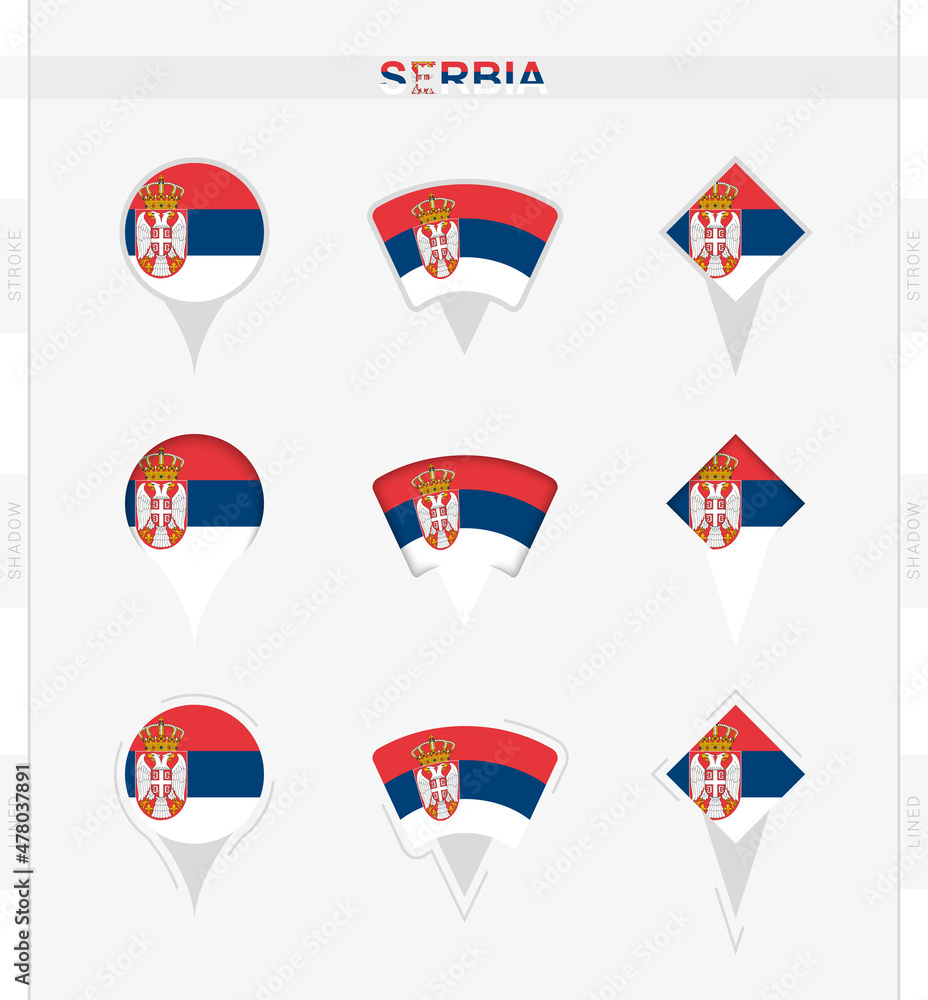 Serbia flag, set of location pin icons of Serbia flag.
