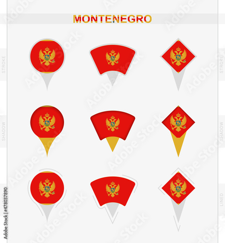Montenegro flag, set of location pin icons of Montenegro flag.