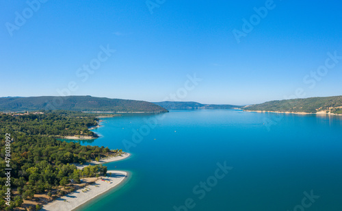The panoramic view of Lake Sainte-Croix in Europe, France, Provence Alpes Cote dAzur, Var, in summer, on a sunny day.