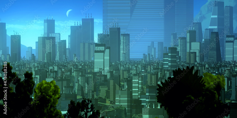 Urban skyline. Downtown area. City panorama. Colorful artistic scenery. Digital art.