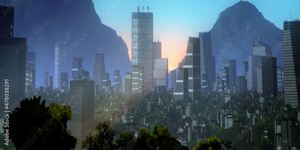 Fototapeta premium Urban skyline. Downtown area. City panorama. Colorful artistic scenery. Digital art.