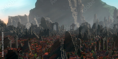 Canvas Print Temple ruins. Medieval stylized scenery. Morning light.