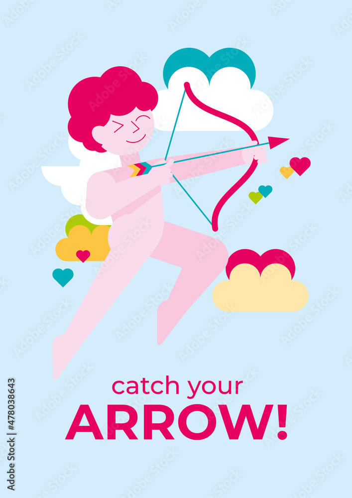 Valentine's day card with winking smiling cupid shooting a bow in the sky. Flat style, geometry, minimalism, simplicity. Background, poster, banner, congratulation, invitation Valentine's day card with winking smiling cupid shooting a bow in the sky. Flat style, geometry, minimalism, simplicity. Background, poster, banner, congratulation, invitation
