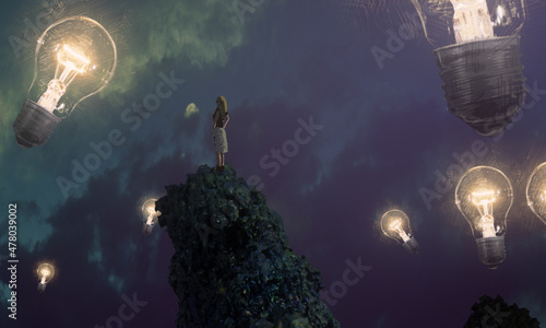 Dream like abstract imaginary image. 2d illustration. Human standing on an edge. Imaginary world. Alternative realm.