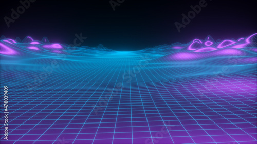 Neon futuristic background with houses, sun and grid, retro city - 3D rendering