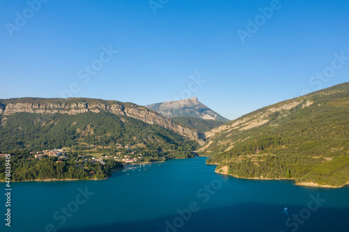 The Lac de Castillon surrounded by mountains and forests in Europe, France, Provence Alpes Cote dAzur, Var, in summer, on a sunny day.