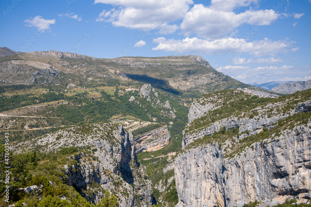 The steep cliffs and countryside of Gorges du Verdon in Europe, France, Provence Alpes Cote dAzur, Var, in summer on a sunny day.