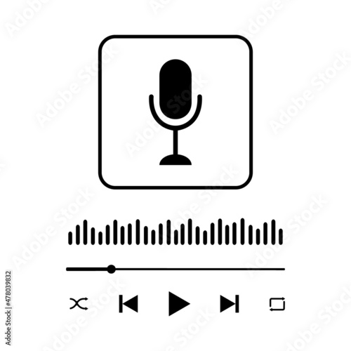 Podcasting concept. Audio player interface with microphone sign, sound wave, loading bar and buttons. Simple music player or online radio panel template. Vector graphic illustration