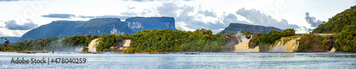 Scenic panoramic view of waterfalls from Carrao river in Canaima national Park Venezuela