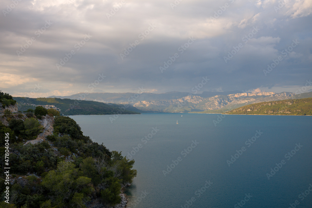 The Lac de Sainte-Croix at sunset in Europe, in France, Provence Alpes Cote dAzur, in the Var, in summer.