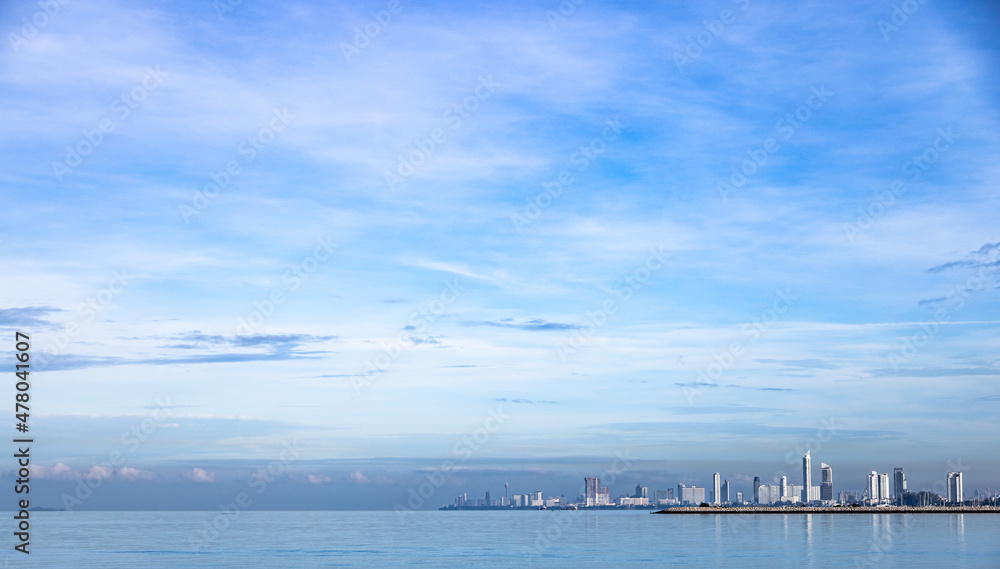 Panorama big city with skyscape and the sea . Background for pattaya city skyscape in thailand Panorama big city with skyscape and the sea . Background for pattaya city skyscape in thailand