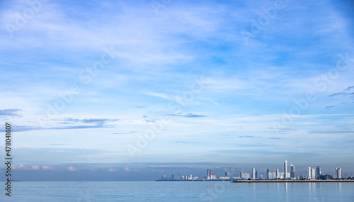 Panorama big city with skyscape and the sea . Background for pattaya city skyscape in thailand