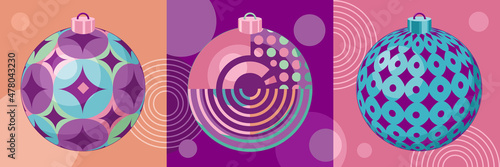 Christmas balls Bauhaus forms. Circle balls modern geometric patterns with abstract figures and shapes. Contemporary Bauhaus graphic  Christmas design vector set