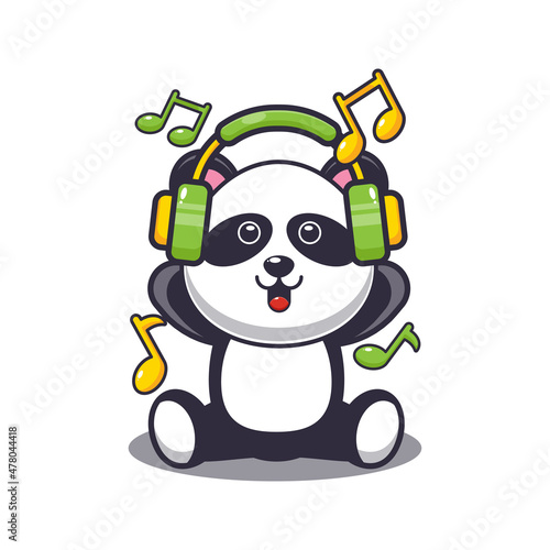 Cute panda  listening music with headphone. Cute cartoon animal illustration.