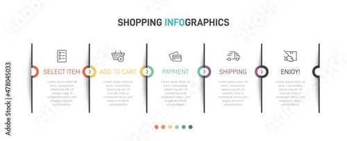 Concept of shopping process with 5 successive steps. Five colorful graphic elements. Timeline design for brochure, presentation, web site. Infographic design layout.