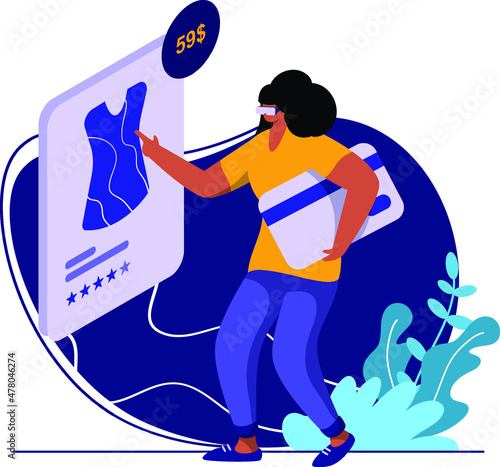 Virtual Shopping Flat Illustration Metaverse Virtual Reality concept, color dark blue, yellow, green minimal style, can be used for landing page, web, UI, banner, template, background, web development
