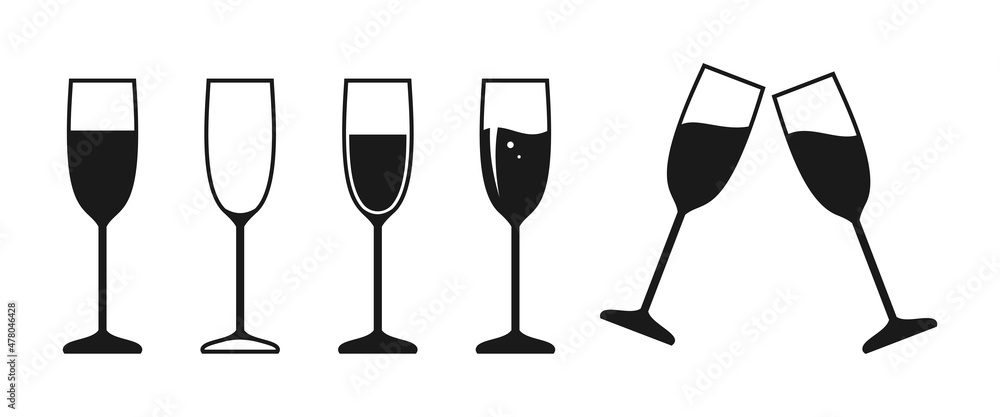 Wine champagne glass line outline contour icon set in flat style. Sign object for mobile app and website. Bar symbol, logo for company or store. Simple concept, design element. Vector illustration