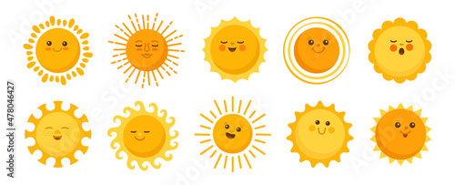 Sun emotion cartoon character set. Faces summer cute yellow suns collection. Solar funny childish sunny. Smiling shine sun with sunbeams. Isolated abstract vector clipart illustration white background