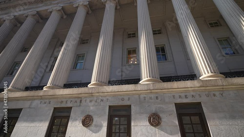 Wide angle view of the columns at the US Treasury Department in Washington, DC. photo