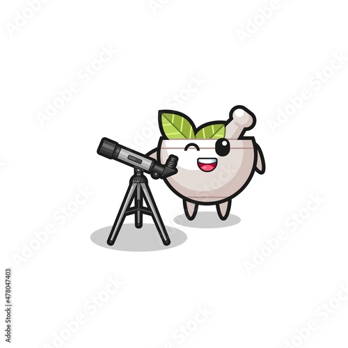 herbal bowl astronomer mascot with a modern telescope