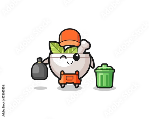 the mascot of cute herbal bowl as garbage collector