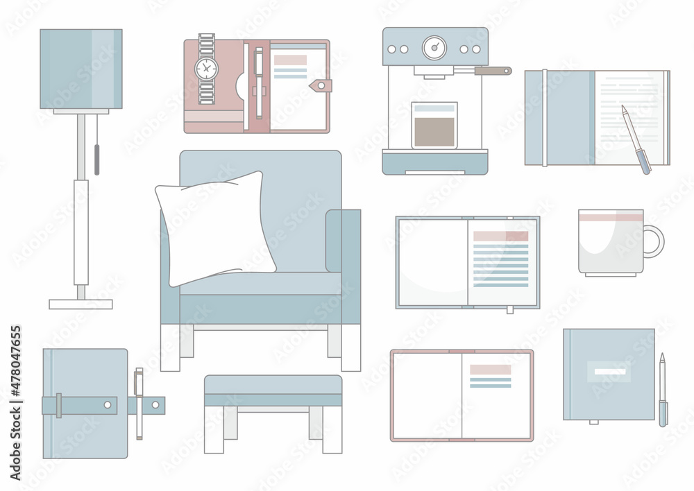 Set of cute hygge elements, furniture and home decorations. Scandinavian style Set of cute hygge elements, furniture and home decorations. Scandinavian style