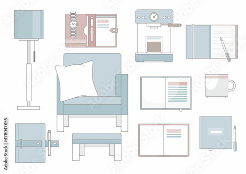 Set of cute hygge elements, furniture and home decorations. Scandinavian style