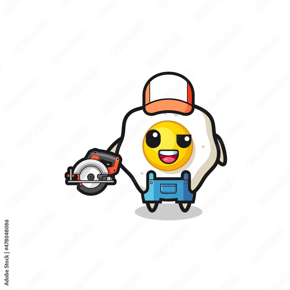 the woodworker fried egg mascot holding a circular saw