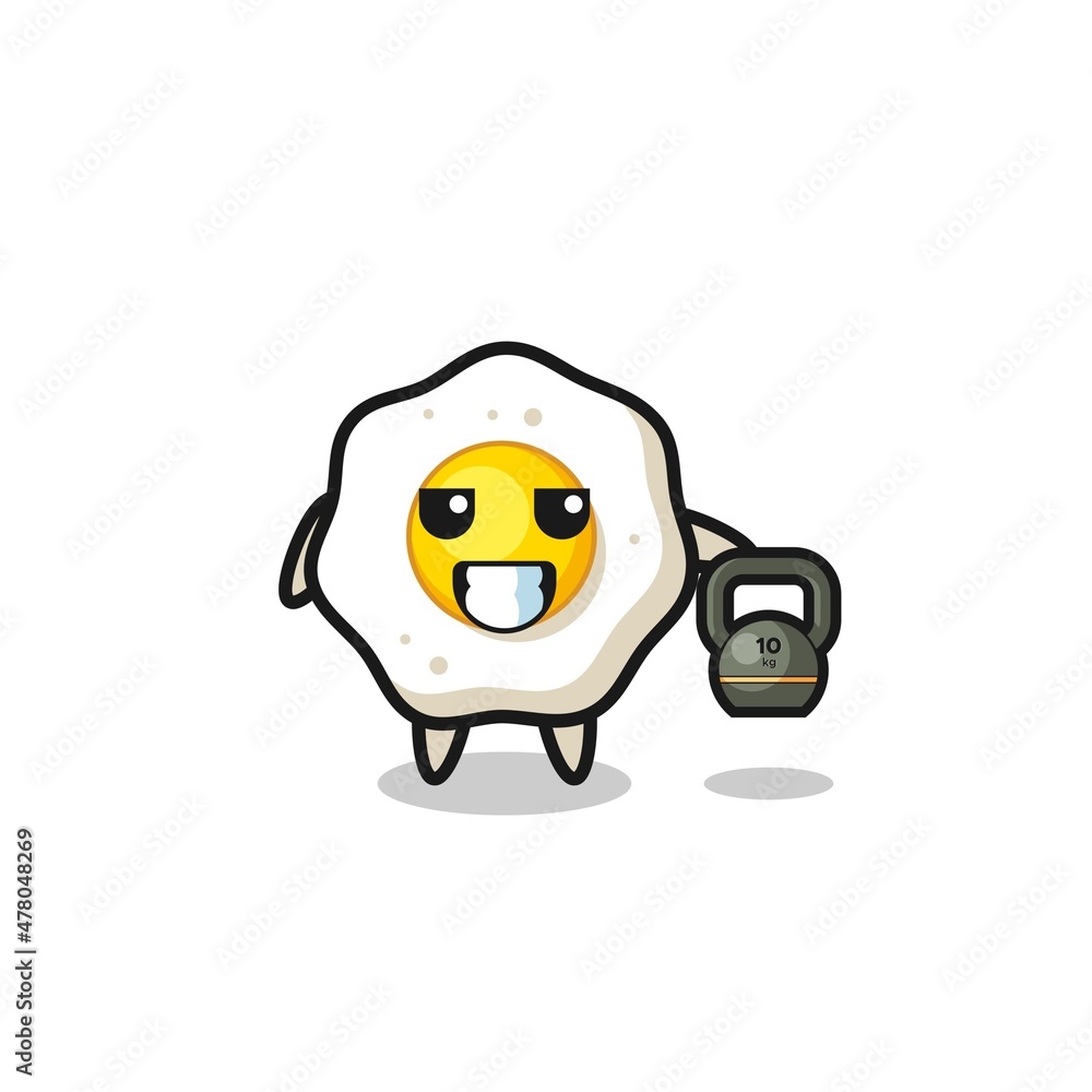 fried egg mascot lifting kettlebell in the gym