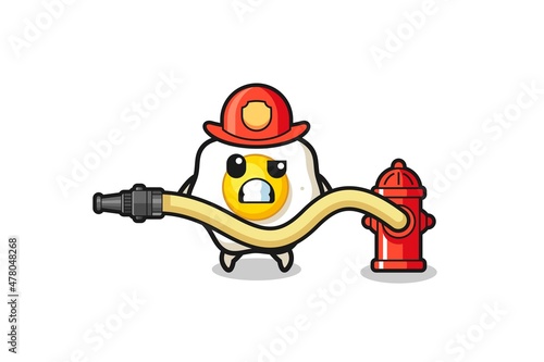fried egg cartoon as firefighter mascot with water hose