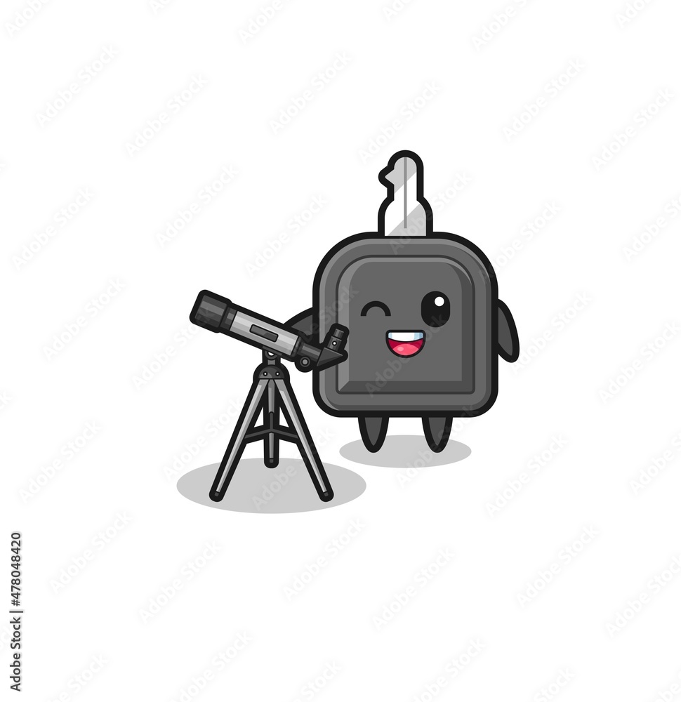 car key astronomer mascot with a modern telescope car key astronomer mascot with a modern telescope