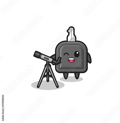 car key astronomer mascot with a modern telescope