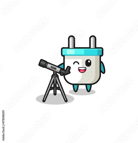 electric plug astronomer mascot with a modern telescope