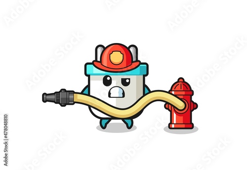 electric plug cartoon as firefighter mascot with water hose
