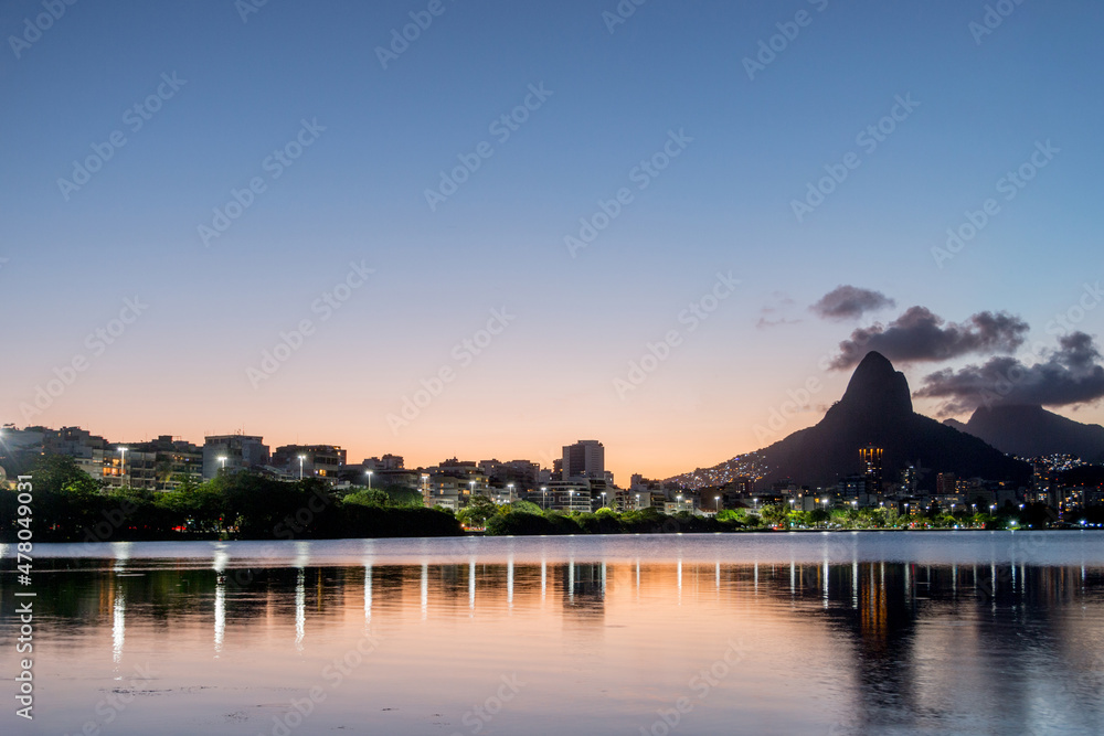 sunset at the Rodrigo de Freitas Lagoon in Rio de Janeiro - Brazil.