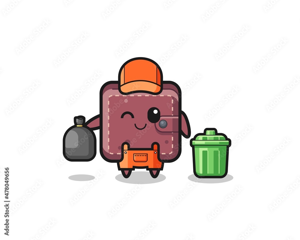 the mascot of cute leather wallet as garbage collector