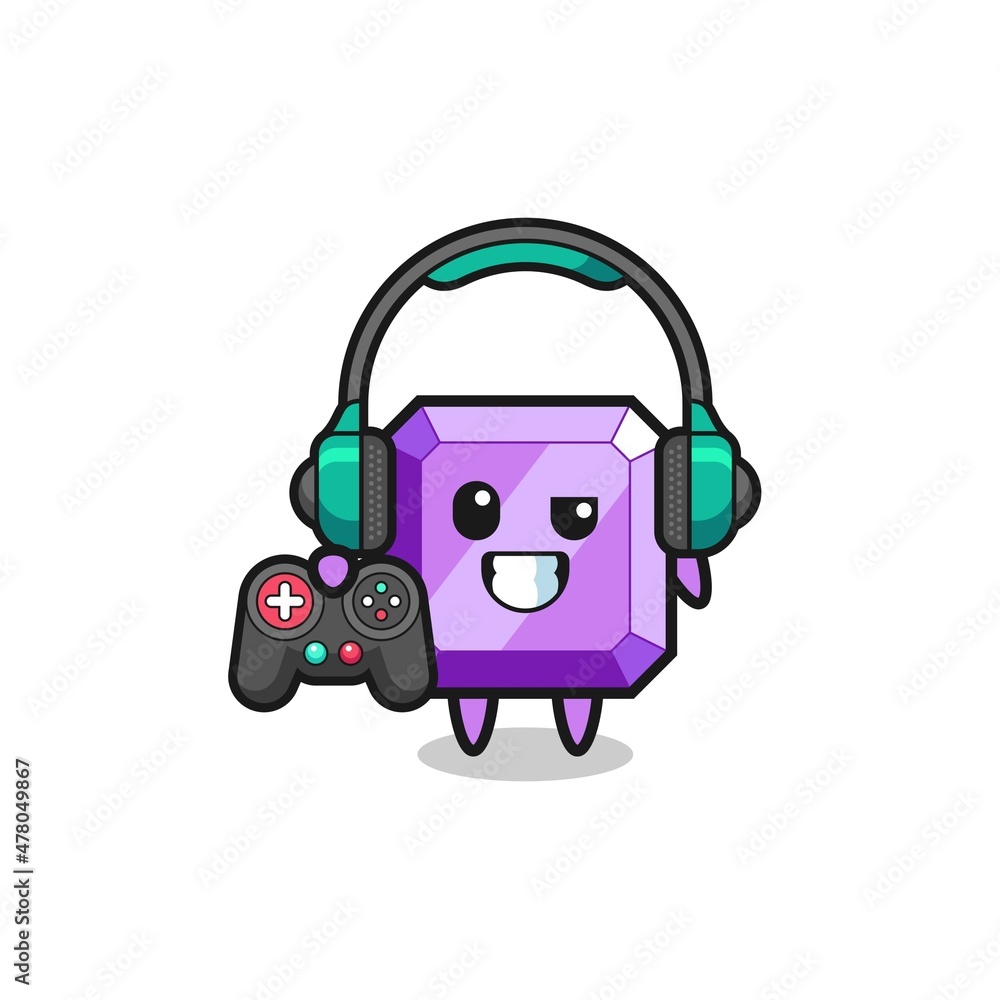purple gemstone gamer mascot holding a game controller purple gemstone gamer mascot holding a game controller