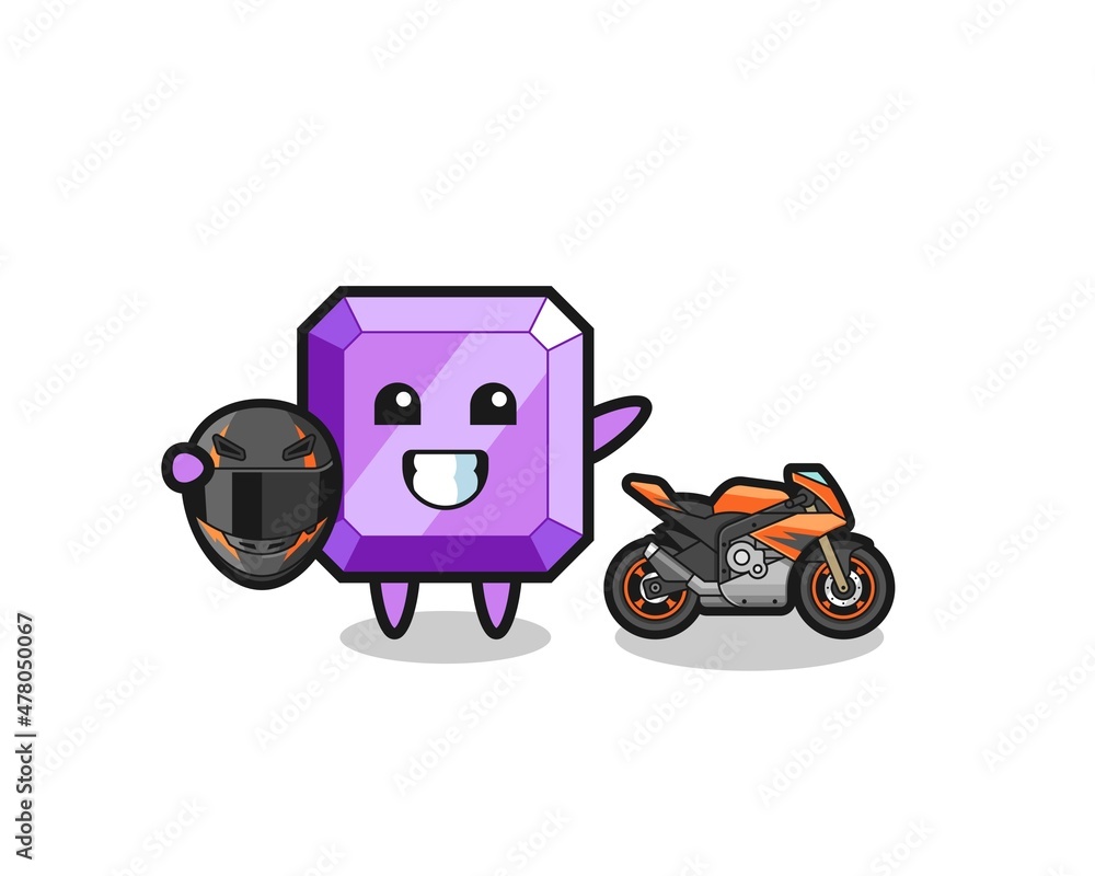 cute purple gemstone cartoon as a motorcycle racer