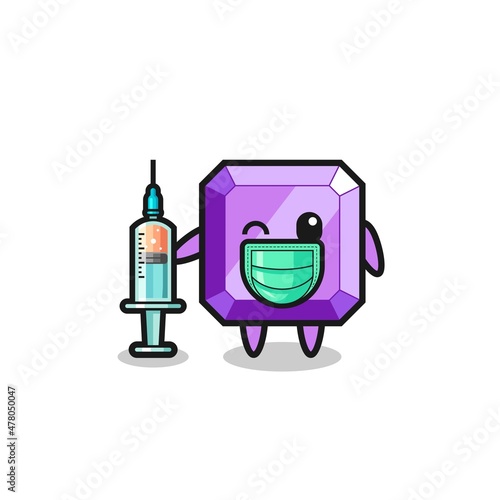 purple gemstone mascot as vaccinator