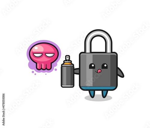 padlock cartoon make a graffiti with a spray paint