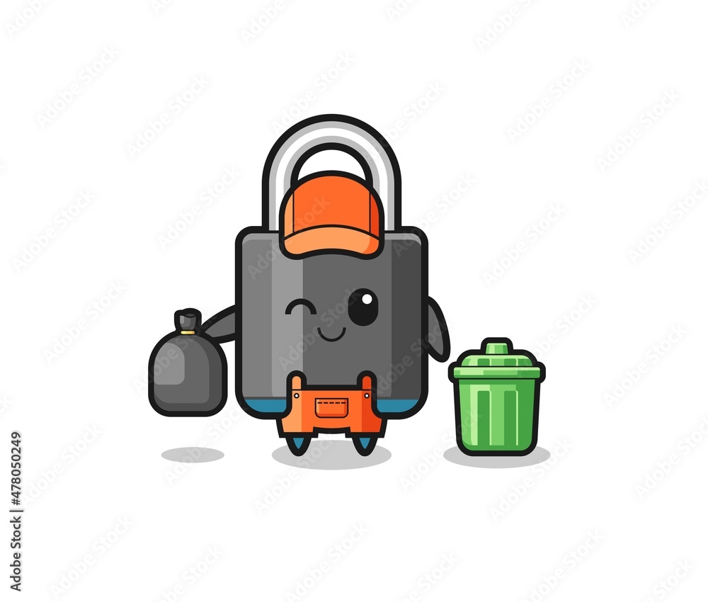Naklejka premium the mascot of cute padlock as garbage collector